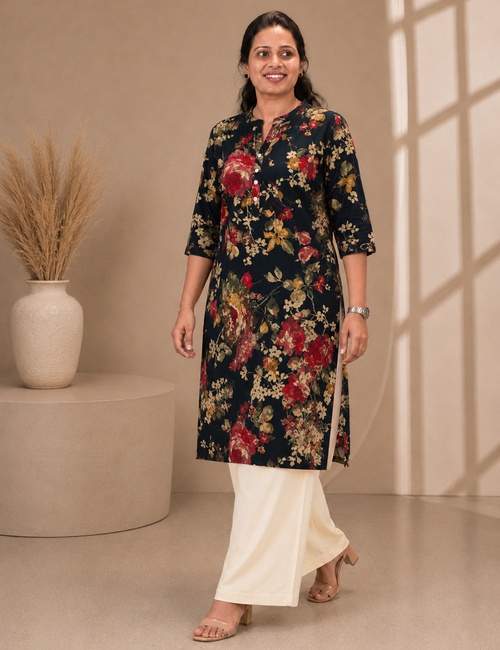 Navy Rose Floral Long Top