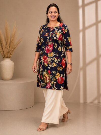 Navy Rose Floral Long Top
