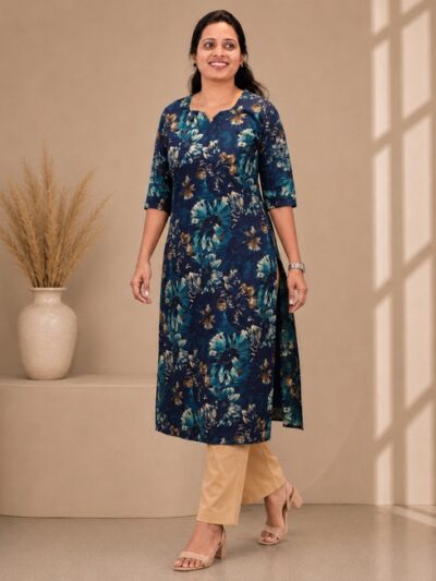 Navy Blue Floral Long Top