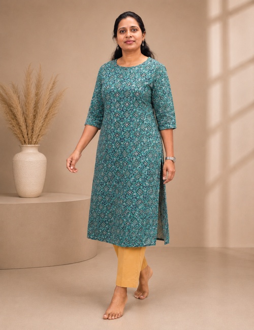 Teal Dot-Floral Long Top