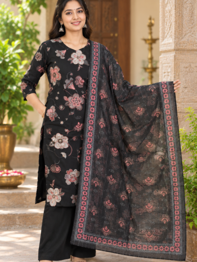 3-Piece Kurta Set with Shawl and Palazzo Pant - Black with P/W Printed