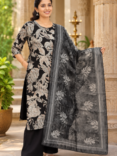 3-Piece Kurta Set with Shawl and Palazzo Pant - Black with white Printed