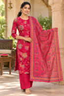 3-Piece Kurta Set with Shawl and Palazzo Pant - Red with Blue Printed