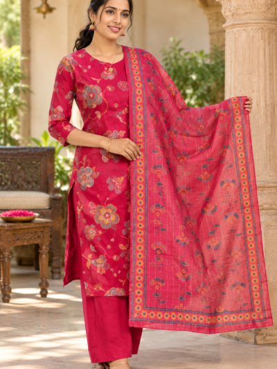 3-Piece Kurta Set with Shawl and Palazzo Pant - Red with Blue Printed
