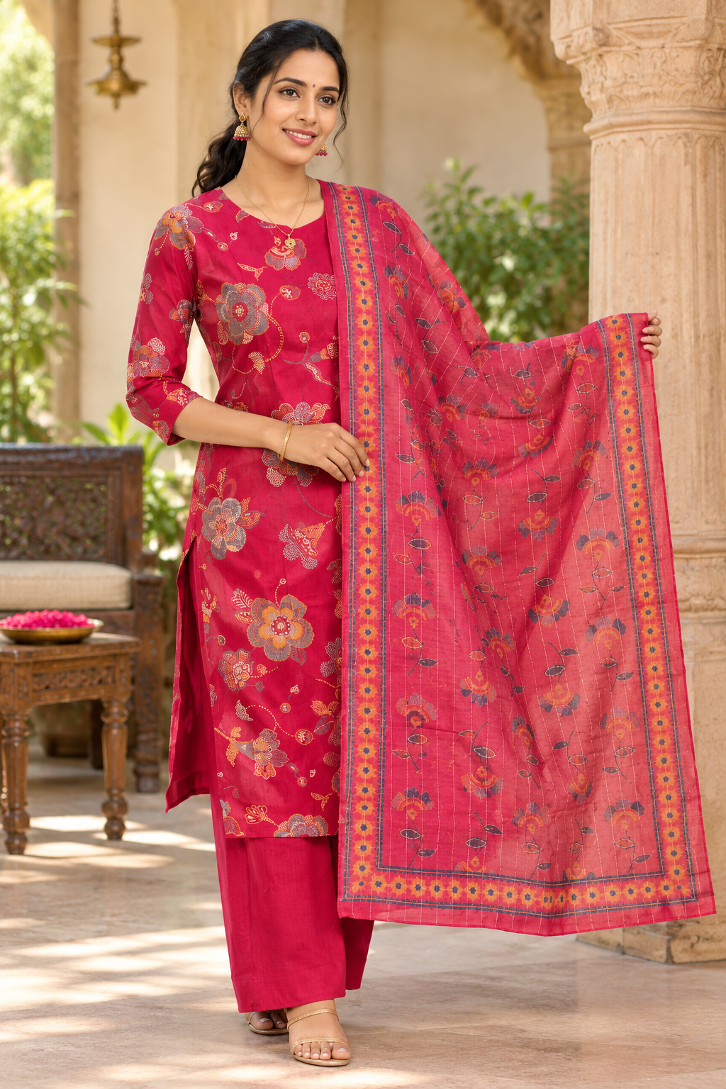 3-Piece Kurta Set with Shawl and Palazzo Pant - Red with Blue Printed