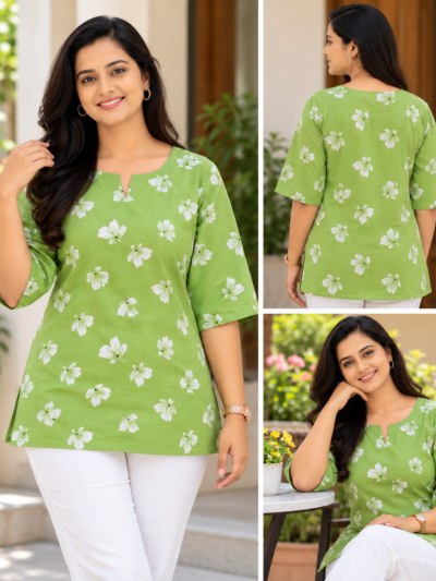 Women's Cotton Spun Printed Short Top Green