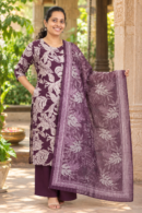 3-Piece Kurta Set with Shawl and Palazzo Pant - Violet with white Printed