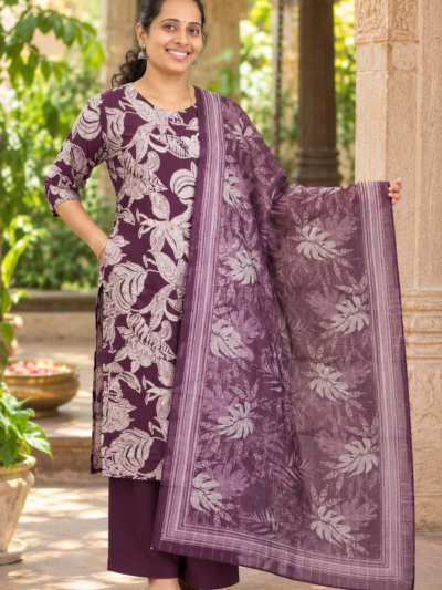 3-Piece Kurta Set with Shawl and Palazzo Pant - Violet with white Printed