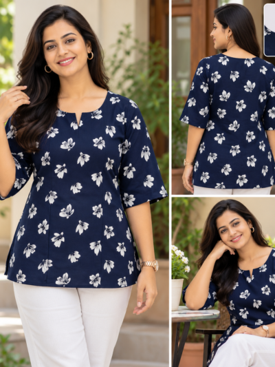 Women's Cotton Spun Printed Short Top D-Blue