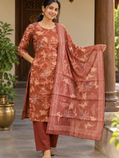 Rust Printed Kurta Palazzo Set with Shawl
