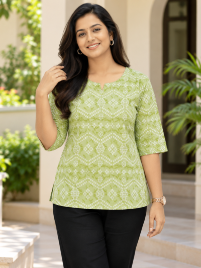 Women's Cotton Spun Printed Short Top L-Green