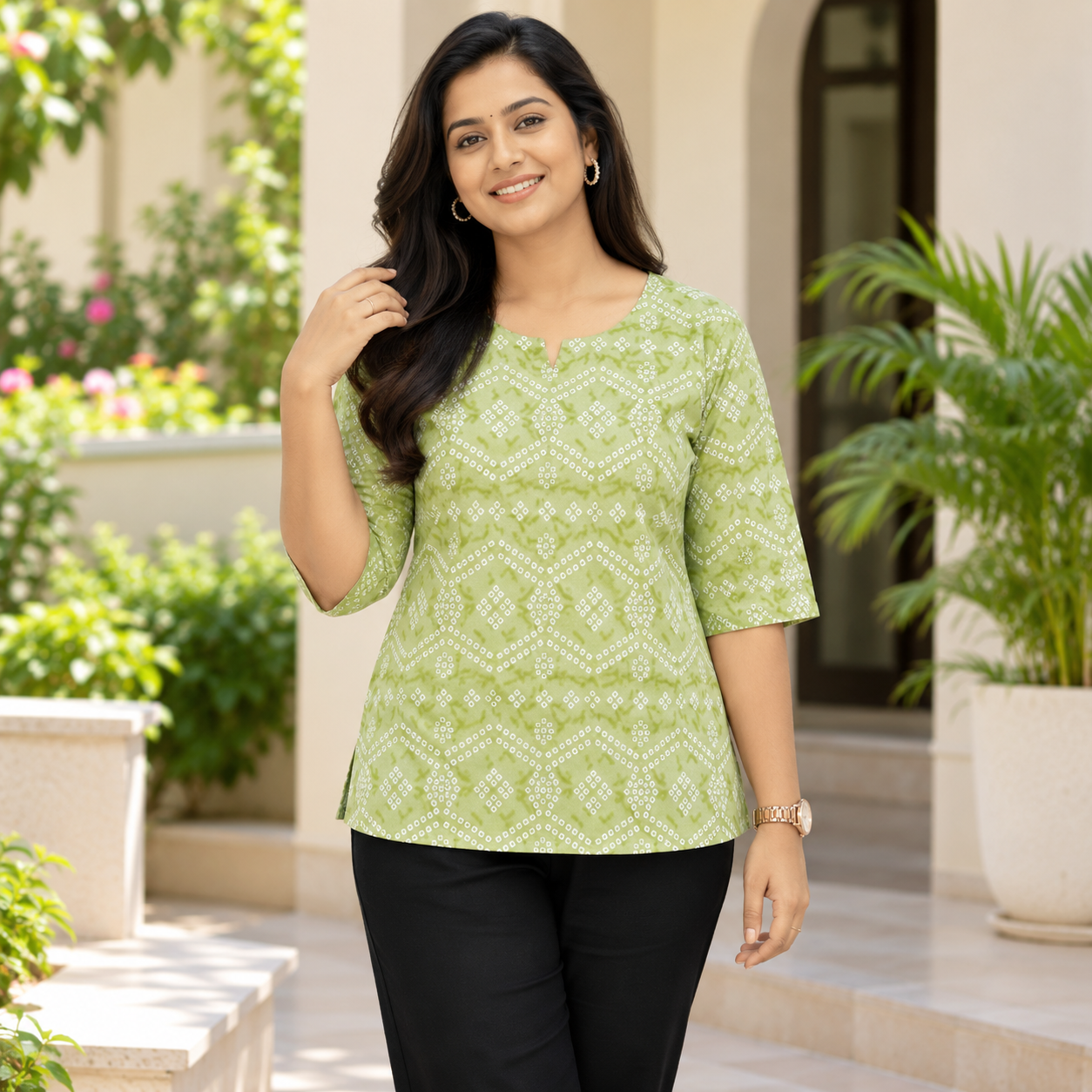Women's Cotton Spun Printed Short Top L-Green