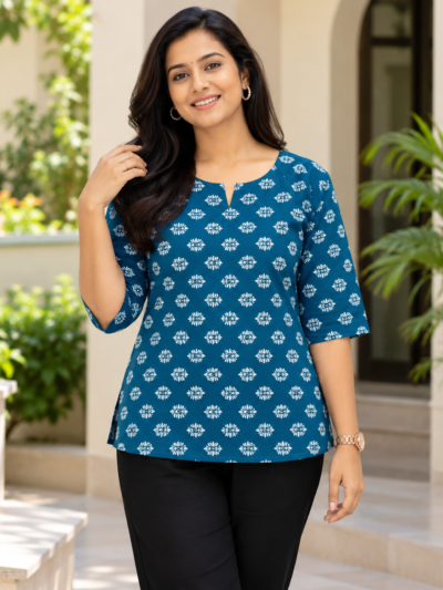 Women's Cotton Spun Printed Short Top Teal Blue